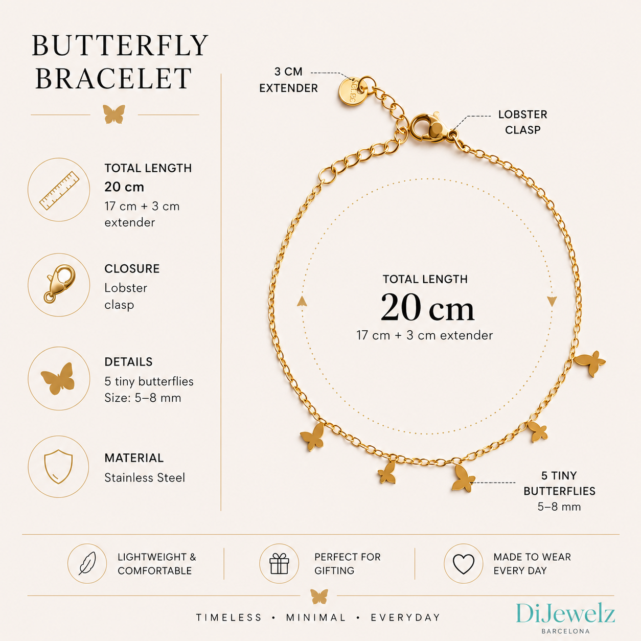 Dainty Adjustable Bracelet with tiny butterfly charms
