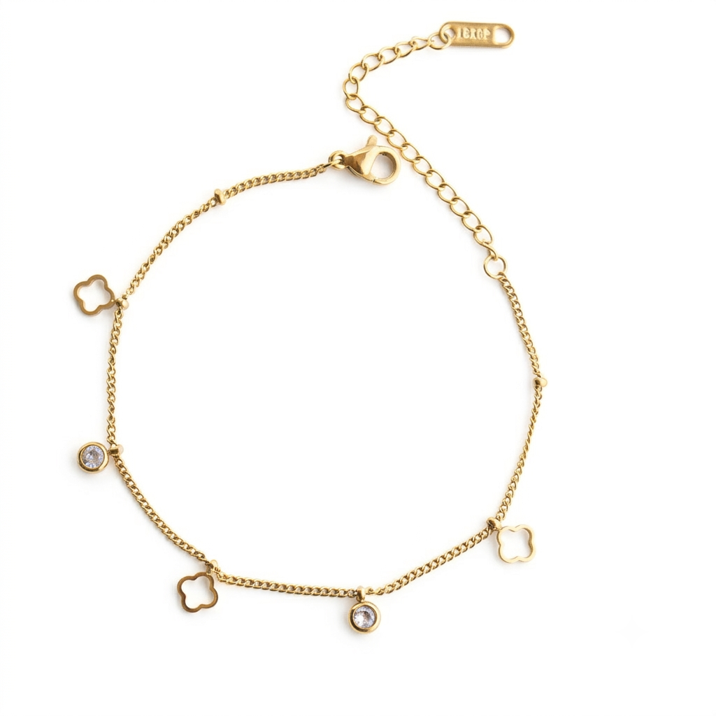 Gold Clover & Crystal Adjustable Charm Bracelet