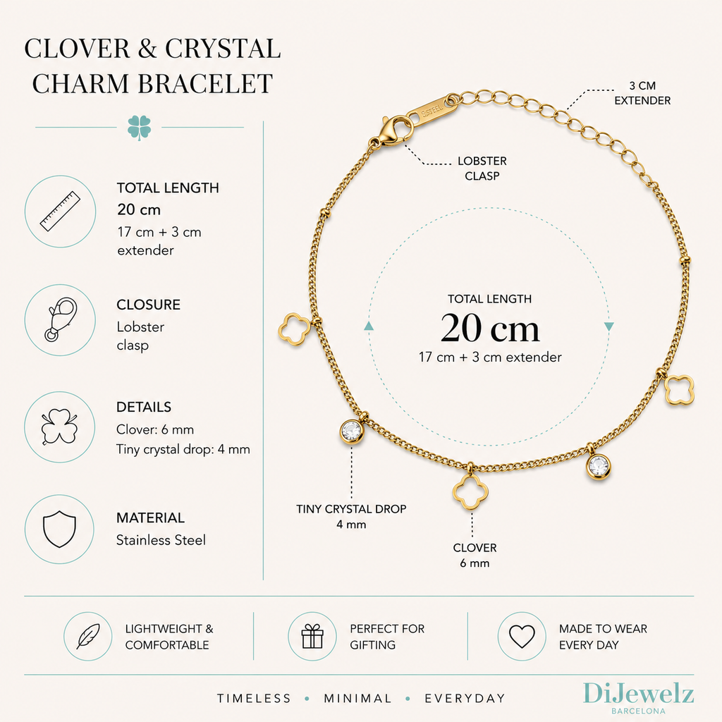 Gold Clover & Crystal Adjustable Charm Bracelet