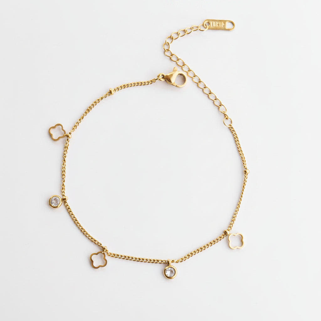 Gold Clover & Crystal Adjustable Charm Bracelet