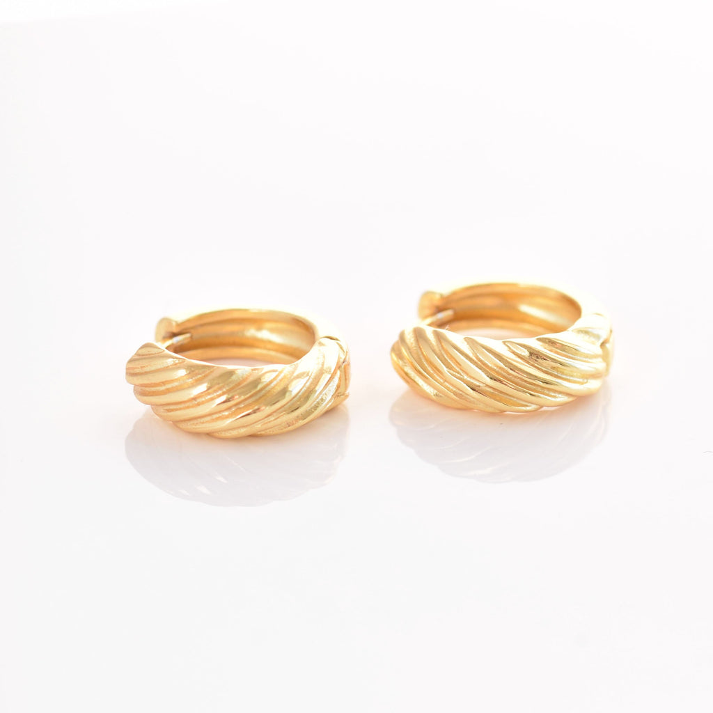 Pair of gold hoop earrings on a white background