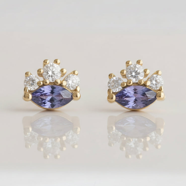 Pendientes de oro con circonitas cúbicas de talla marquesa: pendientes verde esmeralda o lavanda
