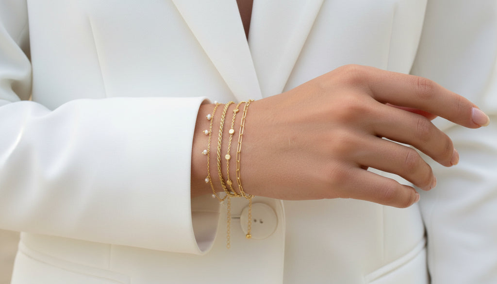 Gold bracelets with pearl accents on a wrist against a blurred background