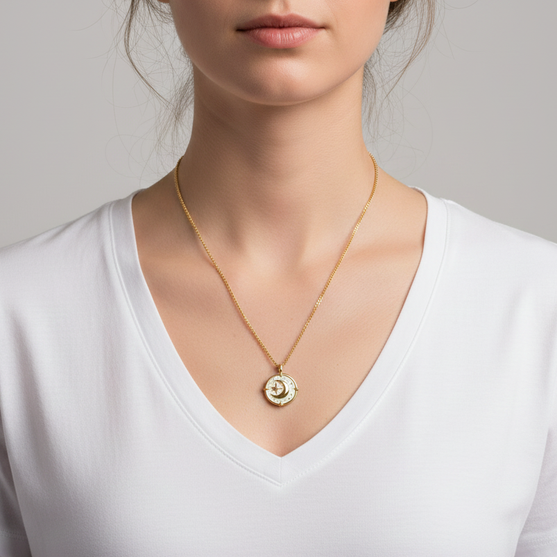 Collar con medallón de luna y estrella de oro