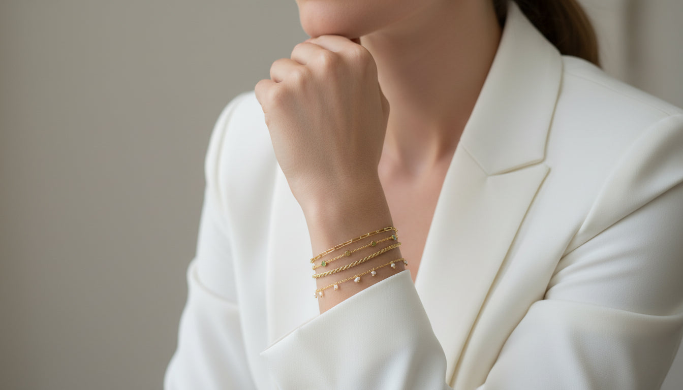 A gold-colored dainty link chain bracelet on a person's wrist, layered with other similar bracelets.